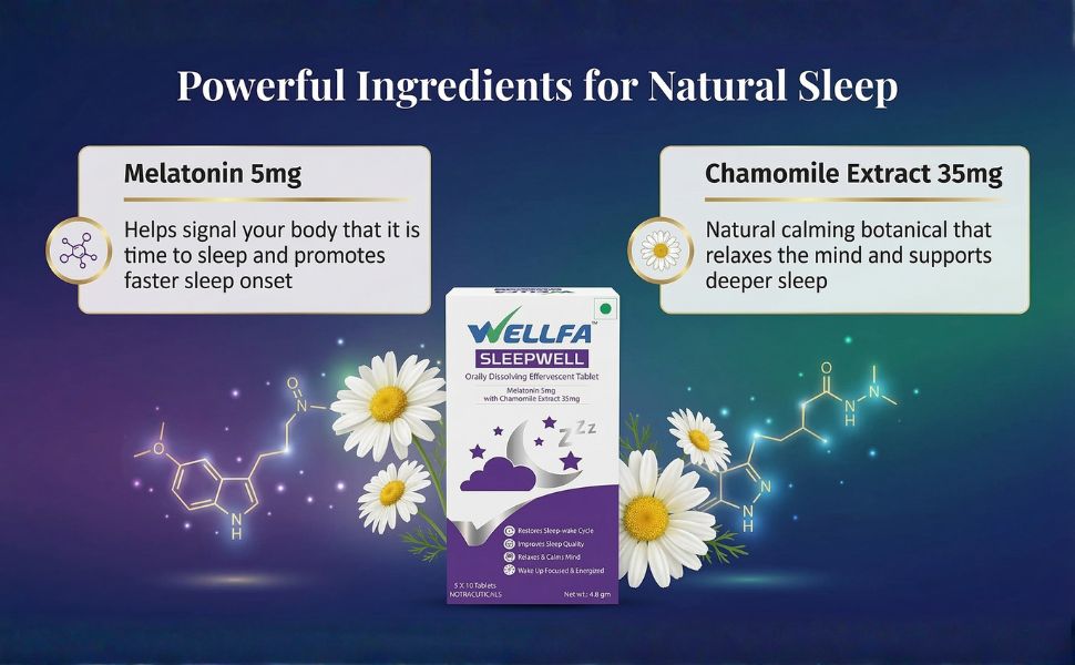 Sleepwell Melatonin 5mg Sleep Supplement | Dissolving Effervescent Tablets with Chamomile | Better than Sleep Gummies & Strips | Sleep Aid for Stress Relief & Insomnia (60 Tablets, Pack of 2)