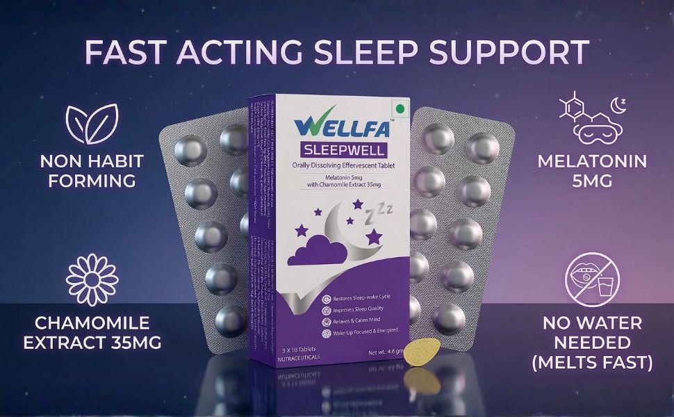 Sleepwell Melatonin 5mg Sleep Supplement | Dissolving Effervescent Tablets with Chamomile | Better than Sleep Gummies & Strips | Sleep Aid for Stress Relief & Insomnia (60 Tablets, Pack of 2)