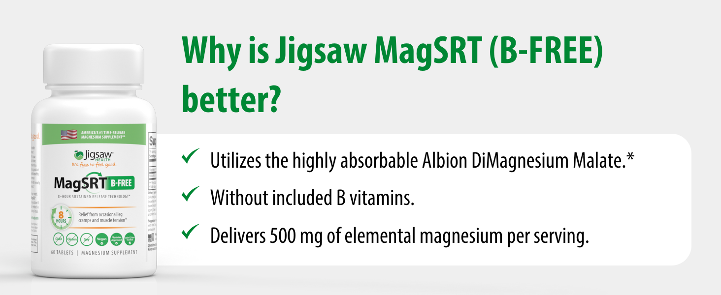 Jigsaw Health MagSRT (B-Free) | Premium, Organic, Slow Release Magnesium Supplement | Active, Bioavailable Magnesium Malate Tablets | 60 Tablets | 15 Servings