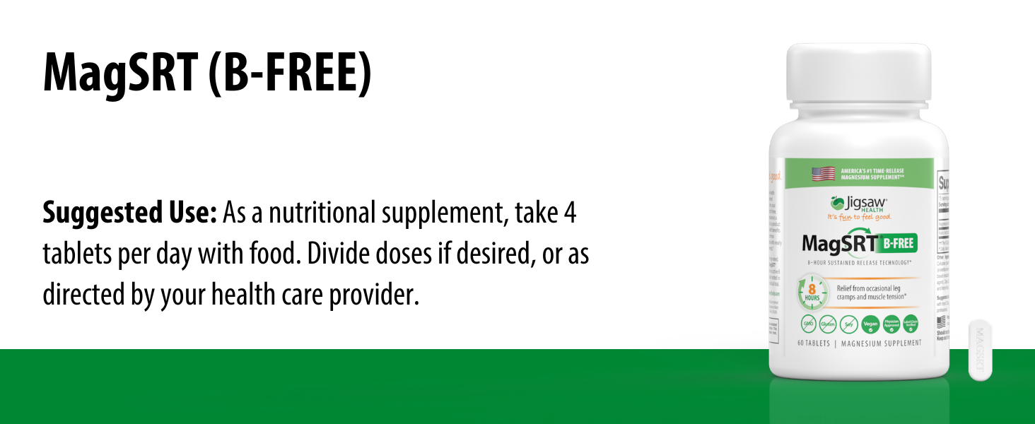 Jigsaw Health MagSRT (B-Free) | Premium, Organic, Slow Release Magnesium Supplement | Active, Bioavailable Magnesium Malate Tablets | 60 Tablets | 15 Servings