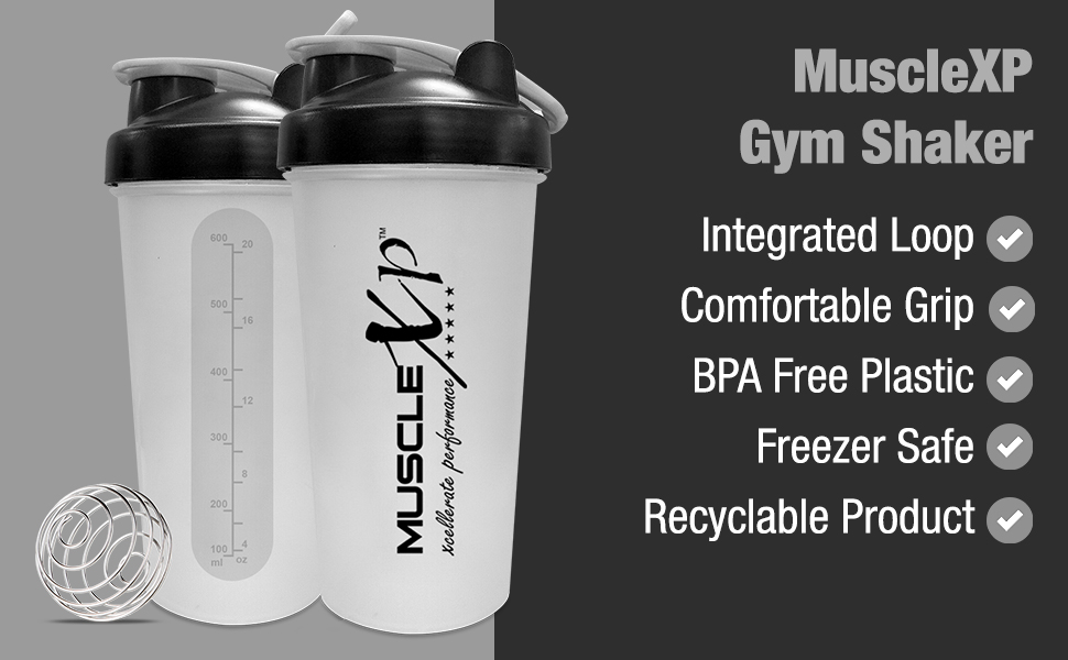 MuscleXP Gym Shaker, Perfect For Gym | BPA-Free, For BCAA, Protein Mixer & Whisk Ball, 600ml