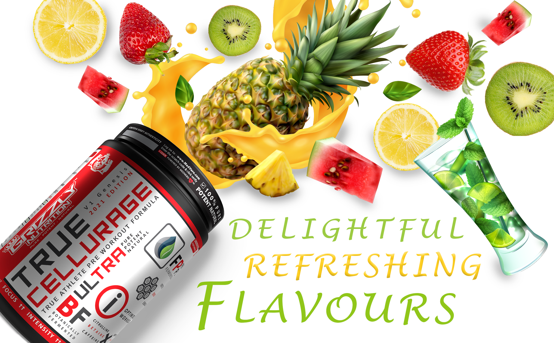 Grizzly Nutrition, True Cellurage, Pre Workout (160 grams Powder, Caribbean Fresh Lime, upto 65 Servings) citrulline, beta alanine, caffeine +13 performance boosters