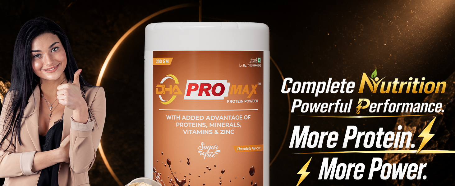 DHA Pro Max Protein Powder Nutritional Drink for Men and Women | Vitamins, Minerals & Zinc | Nutritional Supplement Powder, Protein Contributes to the Growth and Maintenance of Muscle Mass, Sugar Free Chocolate Flavour, 200 gm