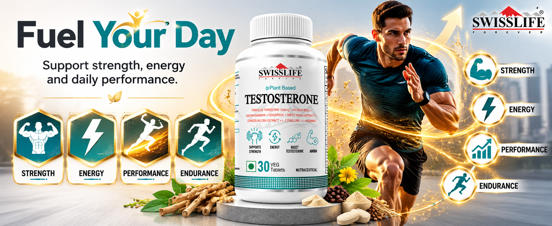 Swisslife Forever Testosterone Supplement for Men | Tribulus 1000mg, Ashwagandha, L-Arginine, L-Citrulline, Kaunch Beej | Natural Energy, Strength, Stamina & Performance Support | 30 Tablets | Plant-Based Formula