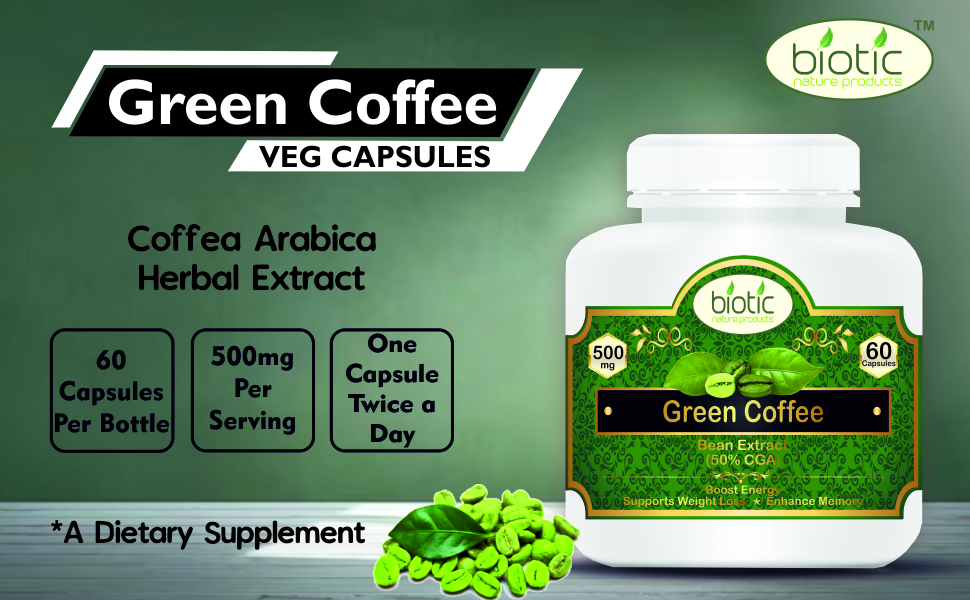 Biotic Natural Green Coffee Bean Capsules - Green Coffee Extract 500mg - 120 Veg Capsules (Pack of 2)
