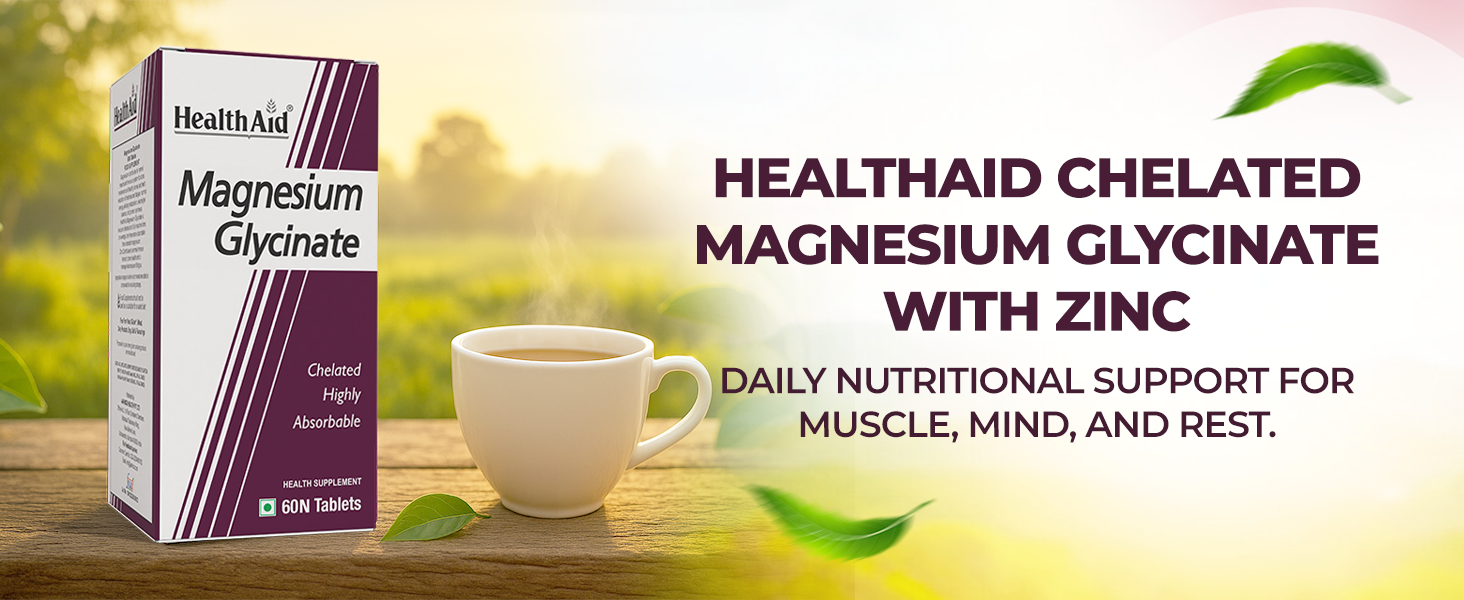 HealthAid Chelated Magnesium Glycinate with Zinc (1682 mg) – Magnesium Supplement for Muscle Recovery, Sleep Support, Cramps Relief & Nerve Health | Promotes Brain Health – 60 Veg Tablets (Pack of 3)