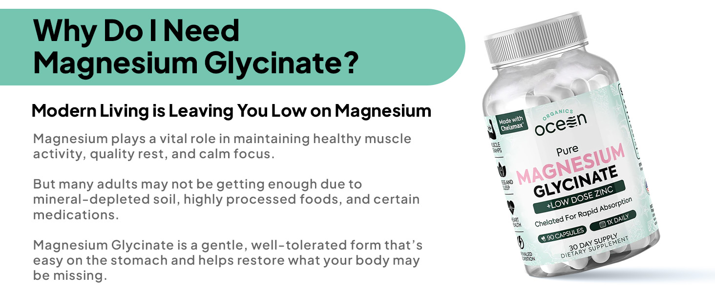 Organics Ocean Pure Magnesium Glycinate Supplement with Zinc, 90 Capsules