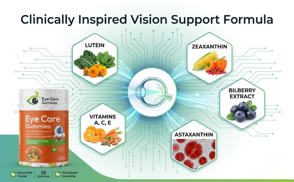 Eye Care Gummies for Kids & Adults | Lutein, Zeaxanthin, Bilberry & Astaxanthin with Vitamins A, C & E | Supports Eye Health, Vision & Daily Eye Nutrition | Mixed Fruit Flavour | 30 Count