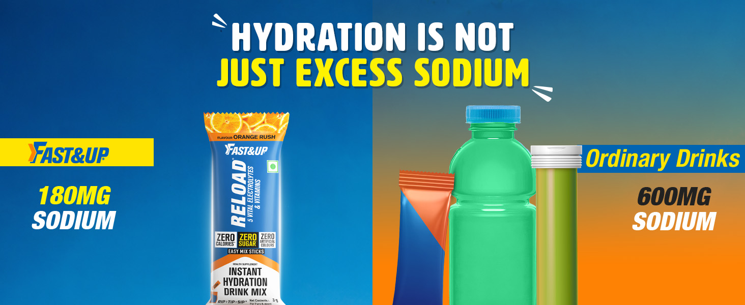 Fast&Up Reload Electrolytes Powder Sachets | Zero Added Sugar Hydration Drink with 5 Essential Electrolytes Vitamin C & B12 | Summer Heat, Workout Recovery, Travel & Wellness | Orange Rush, Pack of 15 Sachets