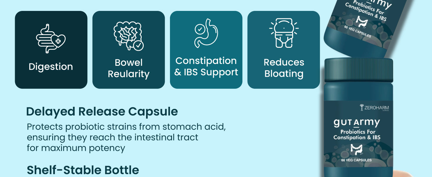 Gut Army Probiotics for Constipation & IBS | 100 Billion CFU, 11 Strains | Psyllium Husk (Isabgol) & Peppermint | Gas & Bloating Relief, Digestive Comfort, Bowel Regularity | Men & Women | 60 Capsules