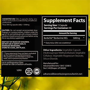 Advanced Bionetix 1500mg Advanced Bioavailability Micronized Berberine Supplement All Natural w/BerbeTal™ Support. 90 Total Capsules