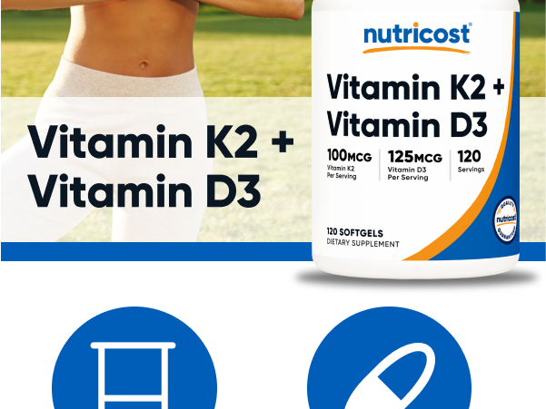 Nutricost Vitamin D3 + K2 (5000 IU D3 / 100mcg MK7) 120 Softgels, GMO-Free