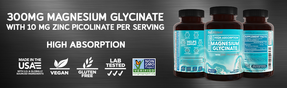 BioEmblem Magnesium Glycinate & Zinc, 300mg Magnesium per Serving, 90 Caps