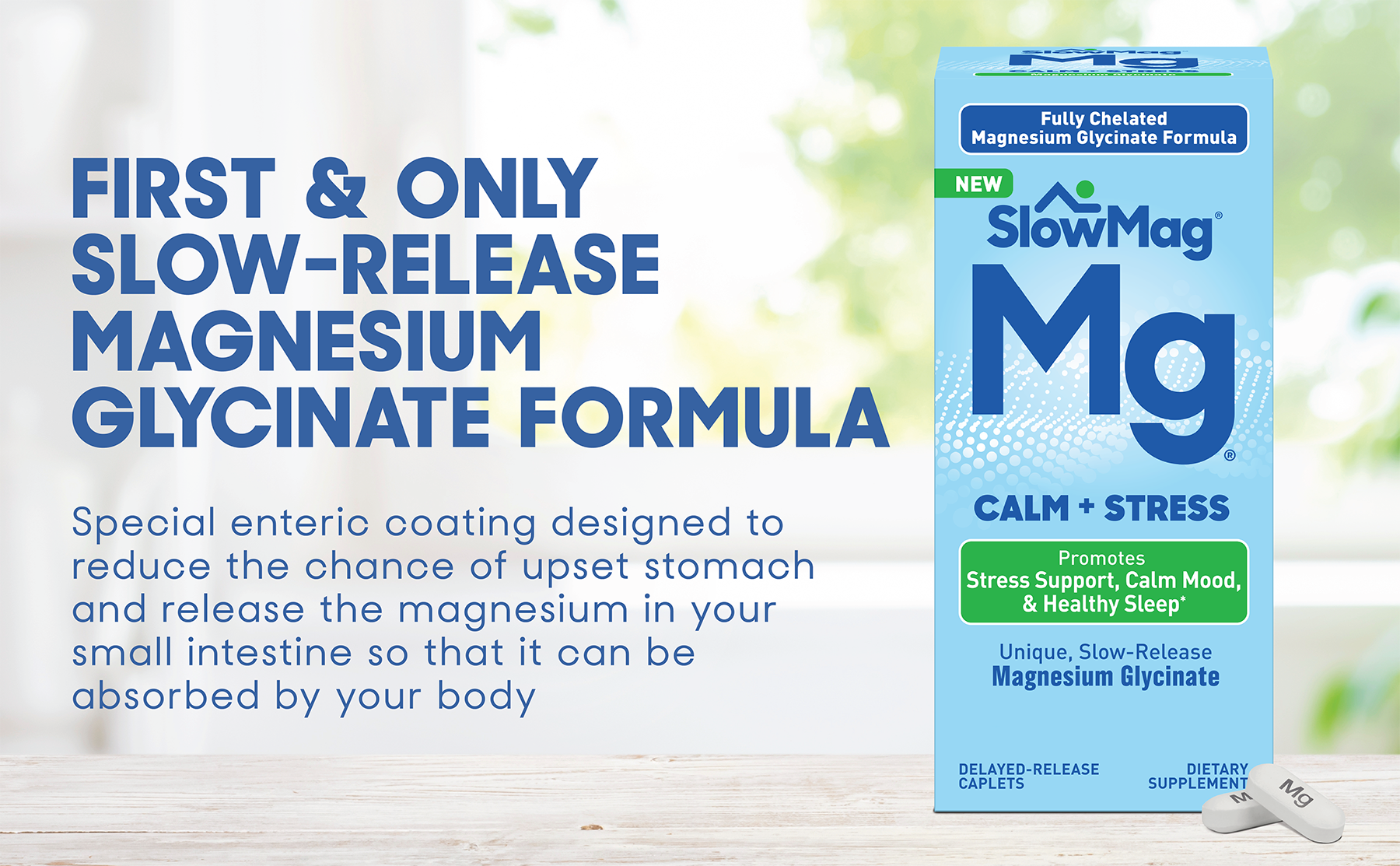 SlowMag Magnesium Glycinate Caplets, 100 Count, Slow-Release, Calm & Stress Support, Healthy Sleep, Gentle on Stomach, Chelated Magnesium Glycinate Supplements for Women & Men