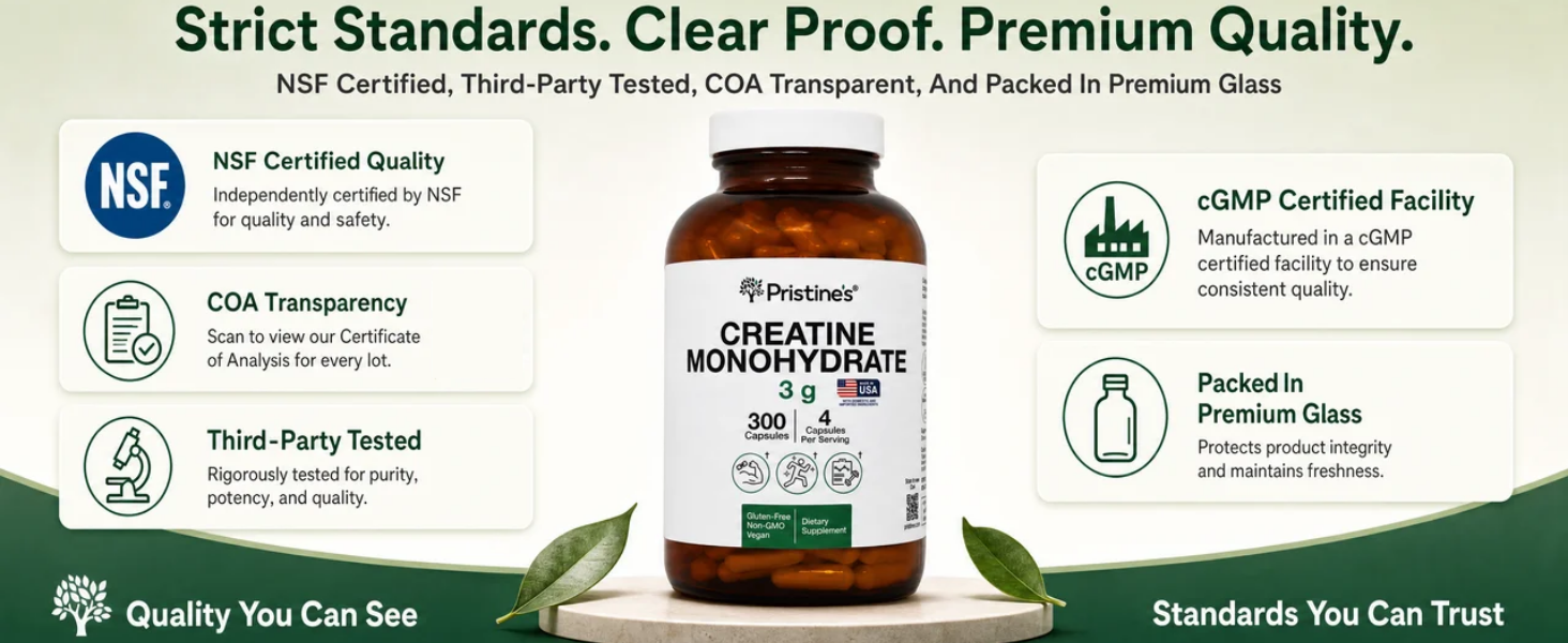 PRISTINE'S NSF Certified Creatine Monohydrate 3g Capsules, 75 Servings
