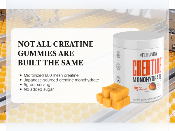 VeltraVita® Creatine Monohydrate Gummies 5g | Micronized Creatine for Men & Women | Advanced VeltrAbsorb™ | Strength & Workout Performance | No Added Sugar | Mango Flavor