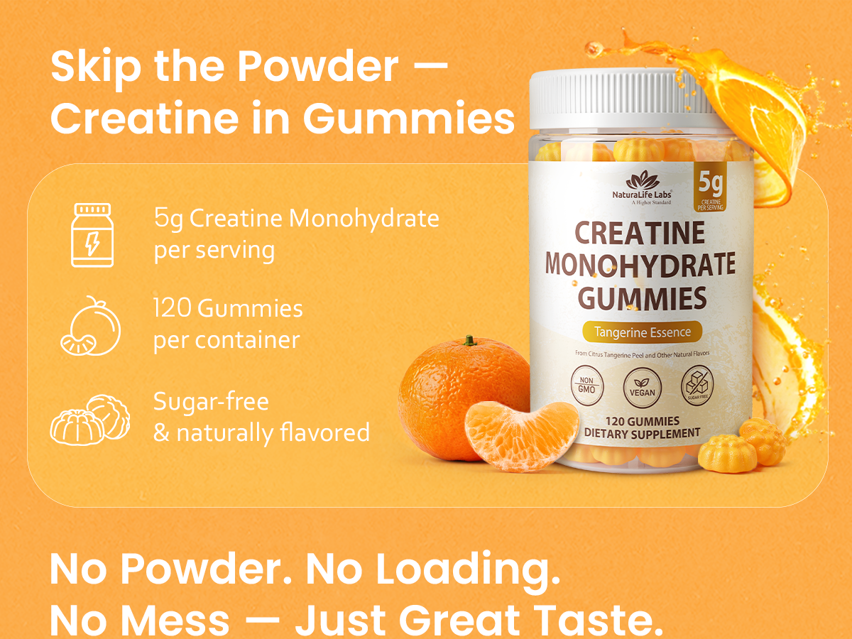NaturaLife Labs Creatine Monohydrate Gummies - 5g per Serving - Tangerine Flavor - 120 Gummies - Gluten-Free, Non-GMO, Vegan, Sugar Free