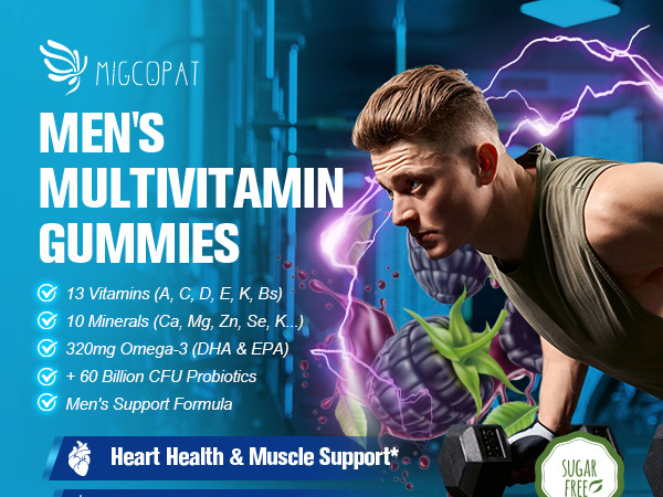 Migcopat Multivitamin for Men, Mens Multivitamins Gummies w/Omega-3, Probiotics, Inositol, Folate, Biotin, Zinc, Vitamins A, C, D, E, B, Support Heart, Brain, Muscle, Energy, Sugar-Free, Berry Flavor