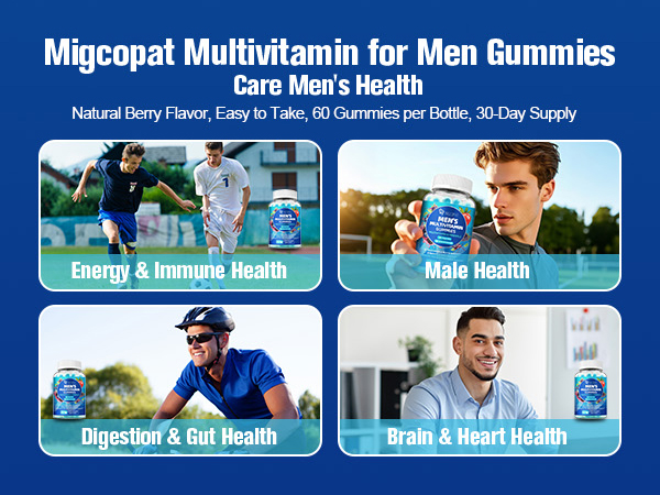Migcopat Multivitamin for Men, Mens Multivitamins Gummies w/Omega-3, Probiotics, Inositol, Folate, Biotin, Zinc, Vitamins A, C, D, E, B, Support Heart, Brain, Muscle, Energy, Sugar-Free, Berry Flavor