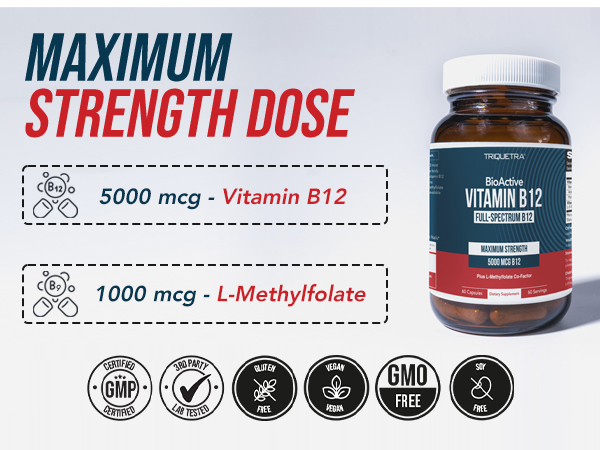 Vitamin B12 5000mcg Complex, Methylated Methylcobalamin for Women & Men