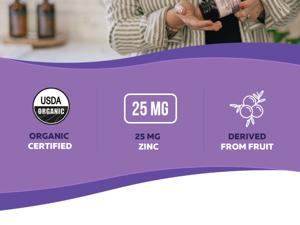 Organic Zinc 25 mg | Whole Food zinc Supplements | Derived from Organic Fruit, Elemental Zinc - Water Extracted, Vegan, GMO-Free - Essential Mineral, Antioxidant, Immune Support, Skin - 60 Servings
