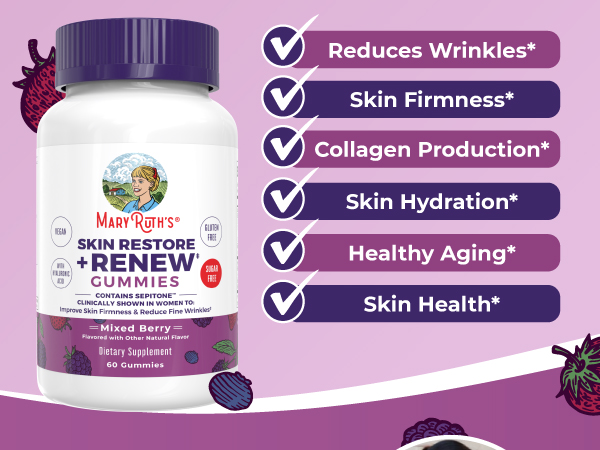 MaryRuth's Skin Restore + Renew Gummies with Hyaluronic Acid, 60 Gummies