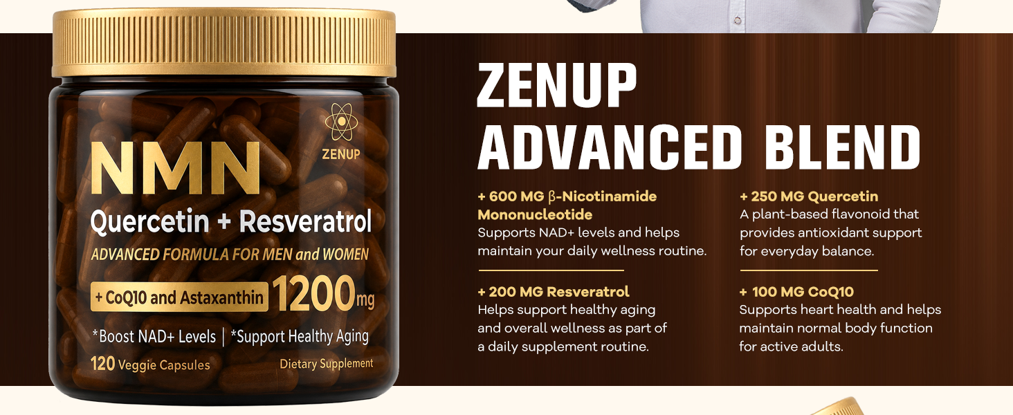 NMN Supplement, 1200mg Blend with 600mg NMN, 250mg Quercetin, 200mg Resveratrol, CoQ10 & Astaxanthin, Daily Supplement Formula, 120 Veggie Capsules, 60 Servings