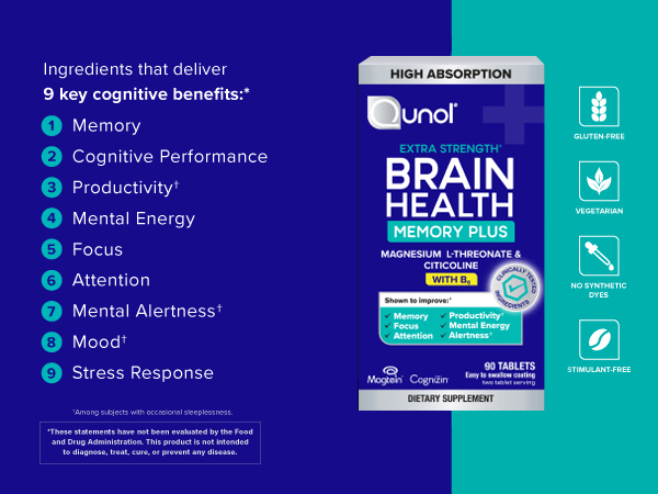 Qunol Brain Health Memory Plus w/Magtein, Cognizin & Vitamin B6, 90ct