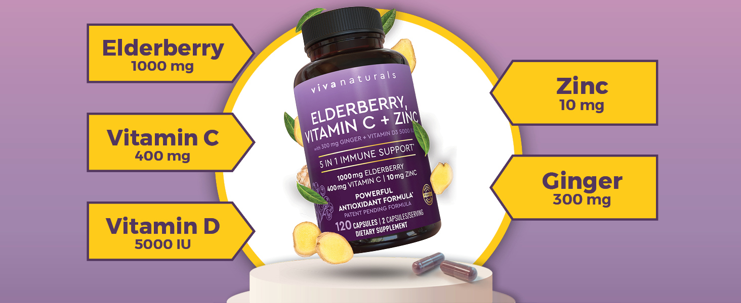 Viva Naturals Elderberry with Vitamin C and Zinc for Adults - 5 in 1 Sambucus Black Elderberry Capsules with Vitamin D3 5000 IU Immunity Supplement, Sambucus Elderberry Immune Support Supplement