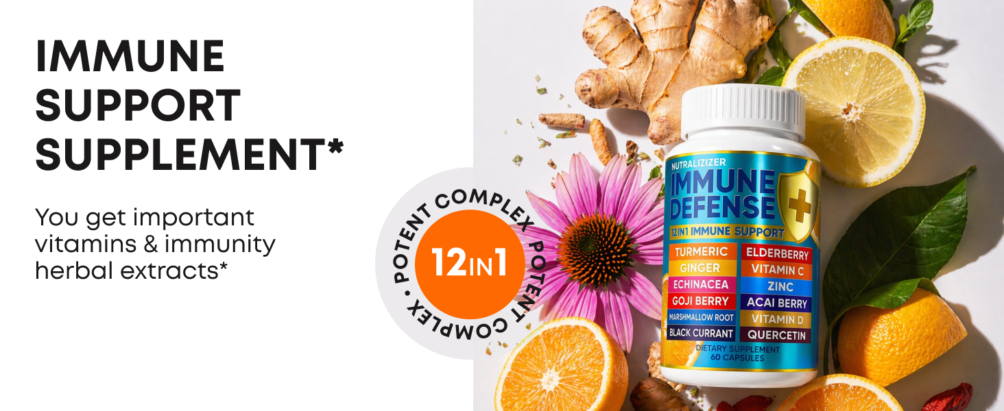 Immune Support Supplement - Turmeric, Vitamin C with Zinc, D3, Elderberry