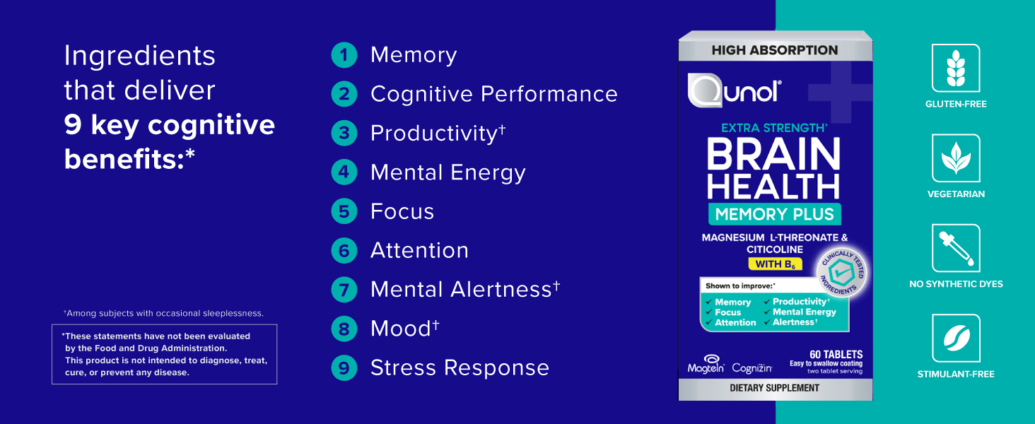 Qunol Brain Health Memory Plus w/Magtein, Cognizin & Vitamin B6, 60ct