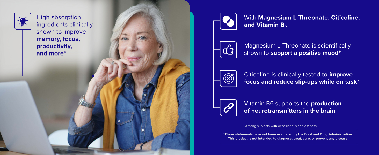 Qunol Brain Health Memory Plus w/Magtein, Cognizin & Vitamin B6, 60ct