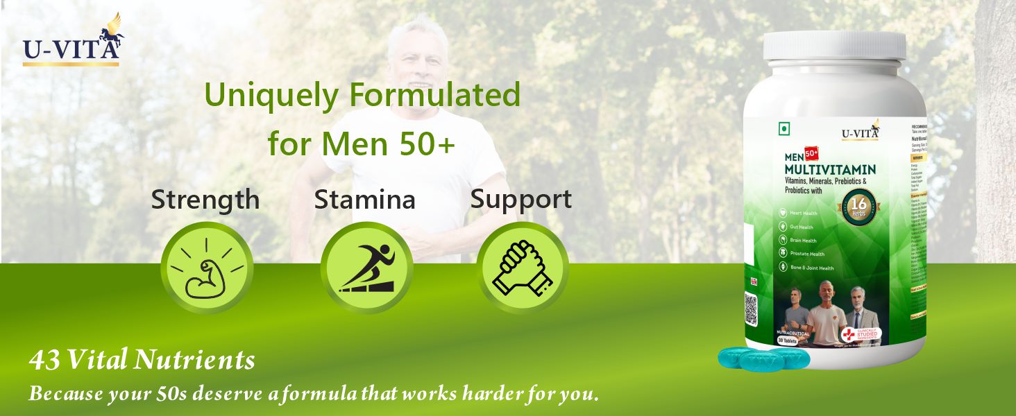 U-VITA Men 50+ Multivitamin | 47 Essential Vitamins, Minerals & herbal extracts | Pre & Probiotics | Resveratrol, Ashwagandha, Lion's Mane Mushroom Extracts | 30 Veg Tablets | Formulated in the UK