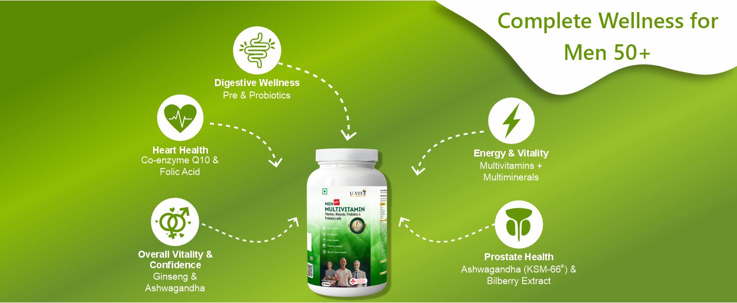 U-VITA Men 50+ Multivitamin | 47 Essential Vitamins, Minerals & herbal extracts | Pre & Probiotics | Resveratrol, Ashwagandha, Lion's Mane Mushroom Extracts | 30 Veg Tablets | Formulated in the UK