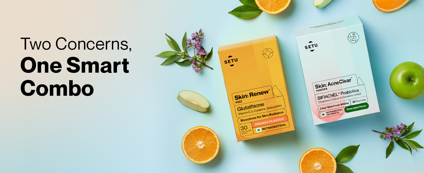 Setu Clear Skin Combo - Skin: AcneClear (150g) + Skin: Renew Glutathione Fizz (30 Tablets) for Skin Glow (BIFIACNEL® Probiotic & Detox Formula) | Targets Hormonal Acne, Gut Inflammation & Dark Spots | 30 days pack
