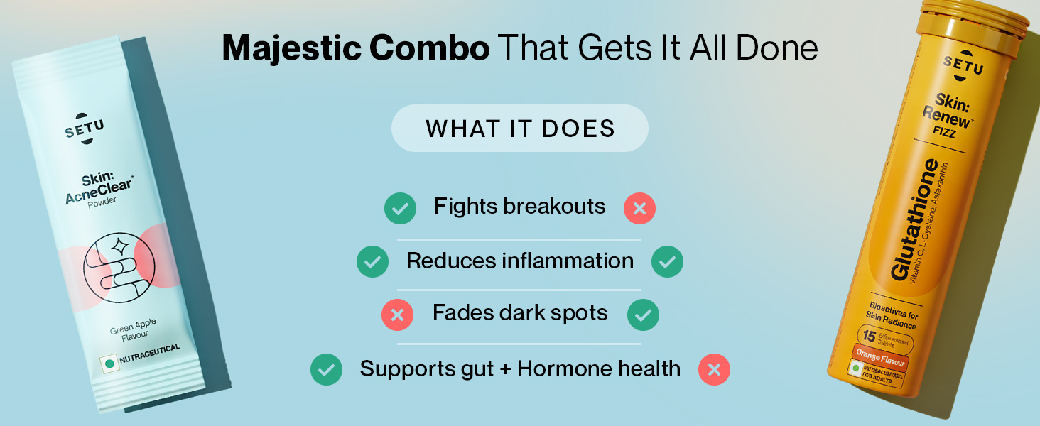 Setu Clear Skin Combo - Skin: AcneClear (150g) + Skin: Renew Glutathione Fizz (30 Tablets) for Skin Glow (BIFIACNEL® Probiotic & Detox Formula) | Targets Hormonal Acne, Gut Inflammation & Dark Spots | 30 days pack