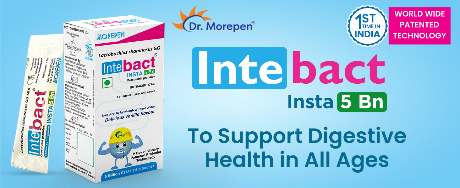 Morepen INTEBACT INSTA 5BN Probiotics Supplement Lactobacillus Bacteria support Gut Digestive Health & Immunity Booster for Men Women 6 Sachets 1.5GM each Vanilla flavour