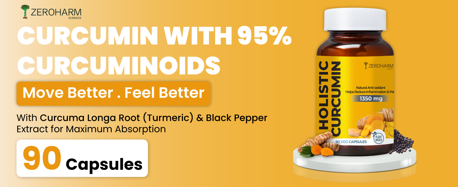ZEROHARM Holistic Curcumin Capsules 1350mg | 95% Curcuminoids with Piperine & Black Pepper | High Absorption Turmeric Curcumin Supplement for Joint, Immunity & Inflammation Support | 90 Capsules