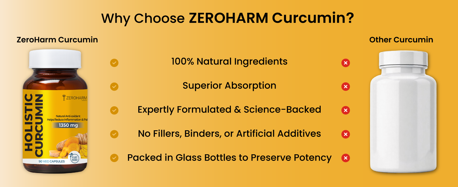 ZEROHARM Holistic Curcumin Capsules 1350mg | 95% Curcuminoids with Piperine & Black Pepper | High Absorption Turmeric Curcumin Supplement for Joint, Immunity & Inflammation Support | 90 Capsules