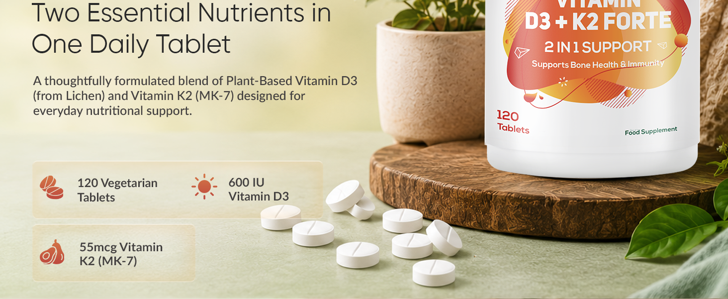 Ambrosial Vitamin D3 K2 Forte 120 Tablets | Vitamin D 3 k 2 Supplement for Bone, Heart & Immune Health Vitamin D3 (600 IU) with MK-7 Vitamin K2 | Plant-Based High Absorption Daily supplements