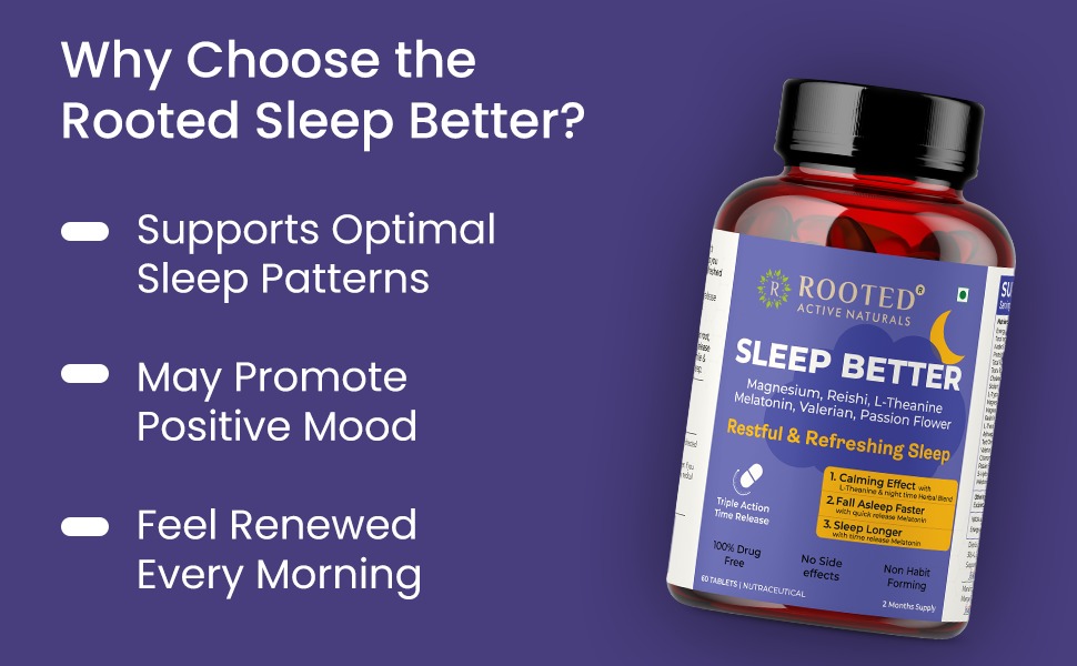 Rooted Active's Sleep Better - Melatonin 5 mg with Reishi Mushroom, Magnesium, Valerian, L-Theanine, Passion Flower for Restful Deep Sleeps | Sleep Supplement | 60 Days Supply | Non-Habit Forming