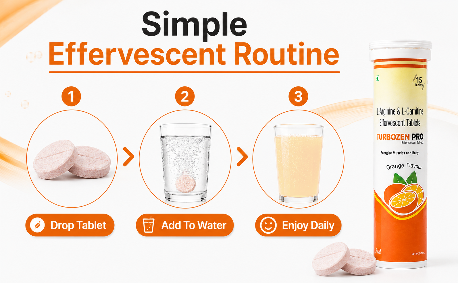 TURBOZEN PRO L-Arginine & L-Carnitine Effervescent Tablets | Orange Flavor Energy Drink Tablets | Daily Stamina & Active Lifestyle Support | 15 Effervescent Tablets