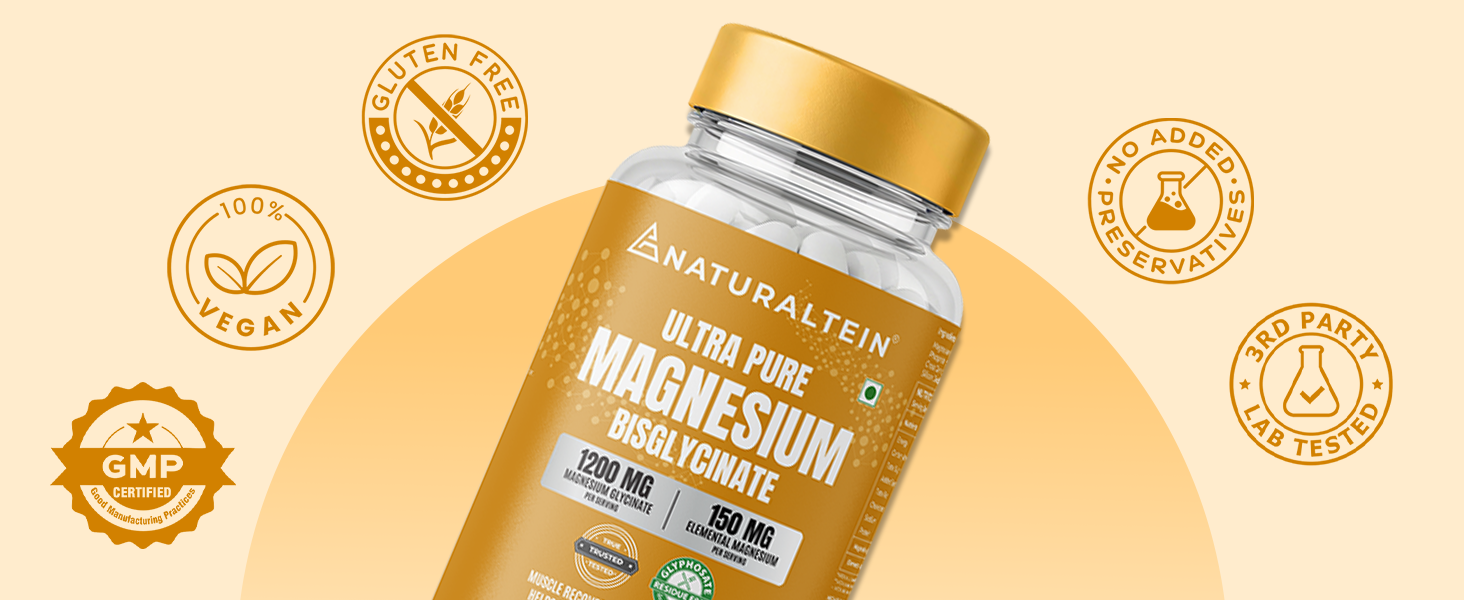 Naturaltein Magnesium Glycinate 1200mg (150mg Elemental) | Chelated High Absorption Magnesium Supports Sleep Quality & Muscle Relaxation | Glyphosate Tested | 120 Tablets