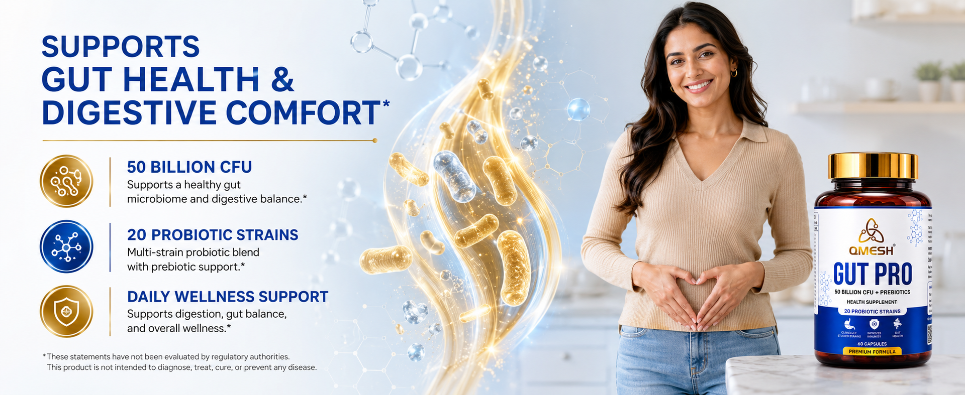 Gut Pro Probiotics Supplement 50 Billion CFU + Prebiotic Inulin | 20+ Probiotic Strains with Lactobacillus, Bifidobacterium & Saccharomyces Boulardii | Gut Health, Digestion, Bloating Relief & Immune Support
