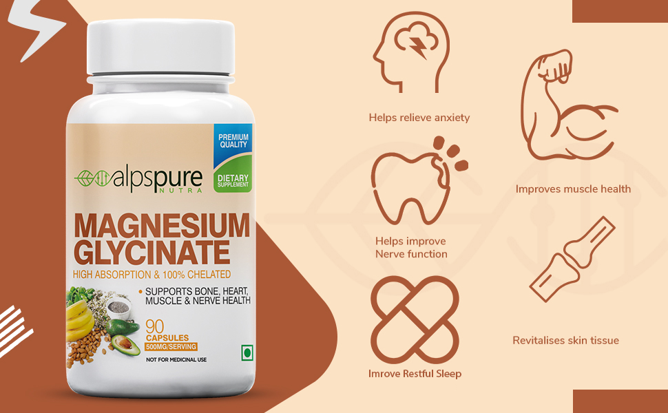 Alpspure Nutra Magnesium Glycinate | 60 Veg Capsules | High Absorption & Chelated Form | Better Sleep Quality | Improves Muscle & Nerve Function | Magnesium Supplement | Healthy Bones