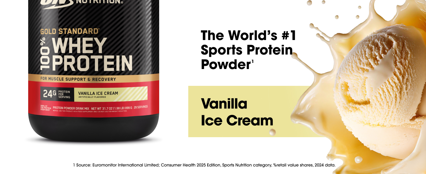 Optimum Nutrition Gold Standard Whey Protein Powder, Vanilla Ice Cream, 2LB