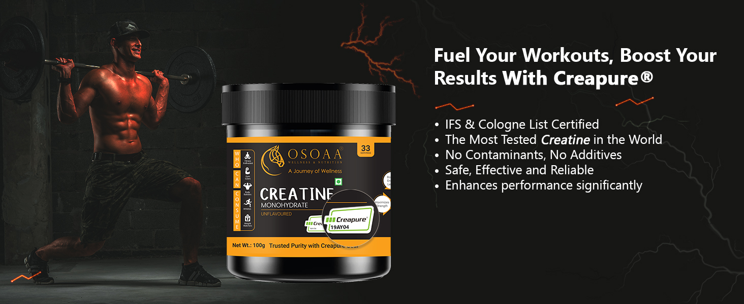 OSOAA 100% Creapure from Germany, Micronized Creatine Monohydrate Powder - 100g | 3g Creatine/Serving | Pre/Post Workout Supplement for Muscle Repair & Recovery | Supports Athletic Performance & Power