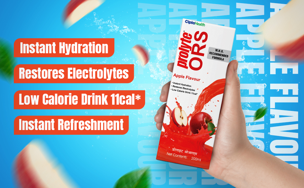 Cipla Prolyte Ors Ready To Drink Oral Rehydration Contains Vital Electrolytes | Restores Body Fluids & Electrolytes Lost Due To Sweating, Diarrhea & Vomiting | Who Formula (Apple, Pack Of 10, Liquid)