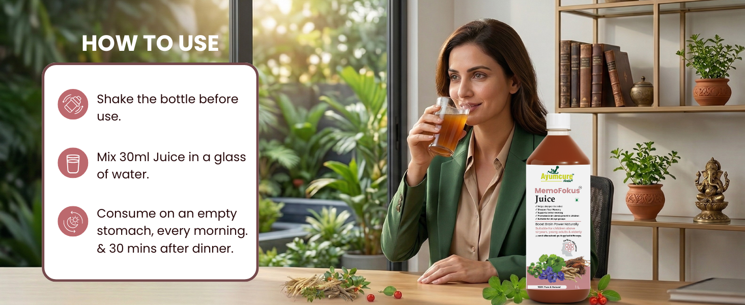 Ayumcure MemoFokus Juice 1L | Ayurvedic Brain Wellness & Memory Support Drink with 11+ Herbs | Supports Focus, Alertness & Cognitive Wellness | 100% Natural