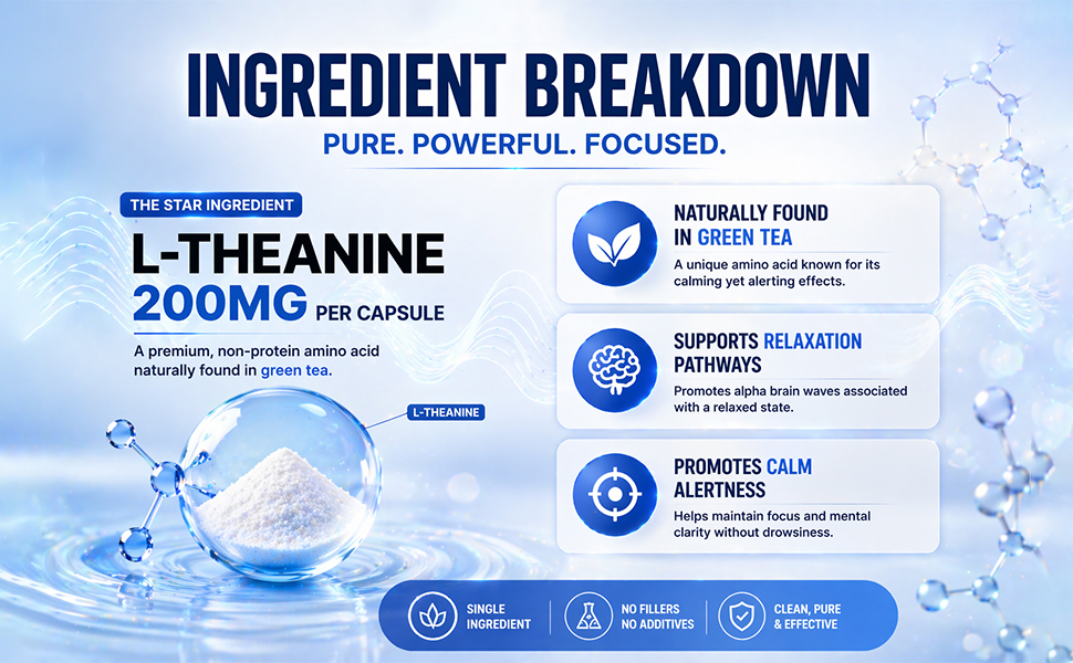 NutriJa L-Theanine 200MG 60 Capsules | Promotes natural Relaxation, Restoration and Relief of Stress | Reduces anxiety & Support Brain Health (60 Capsules), 80 grams
